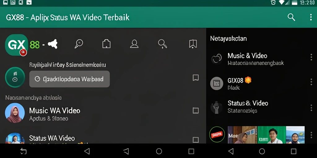 Antarmuka GX88 menampilkan fitur Status WA Video yang menarik dan beragam.