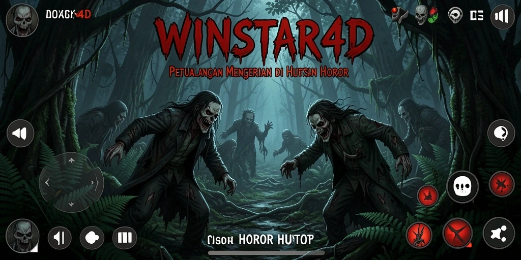 Tampilan antarmuka <strong>WINSTAR4D</strong> menampilkan suasana hutan horor yang mencekam.